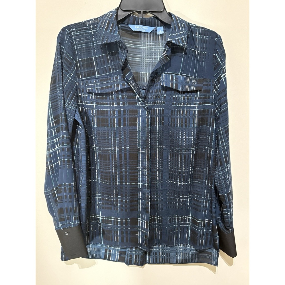 NWT Women's Simply Vera Vera Wang Abstract Black & Blue Long Sleeve Top Size S